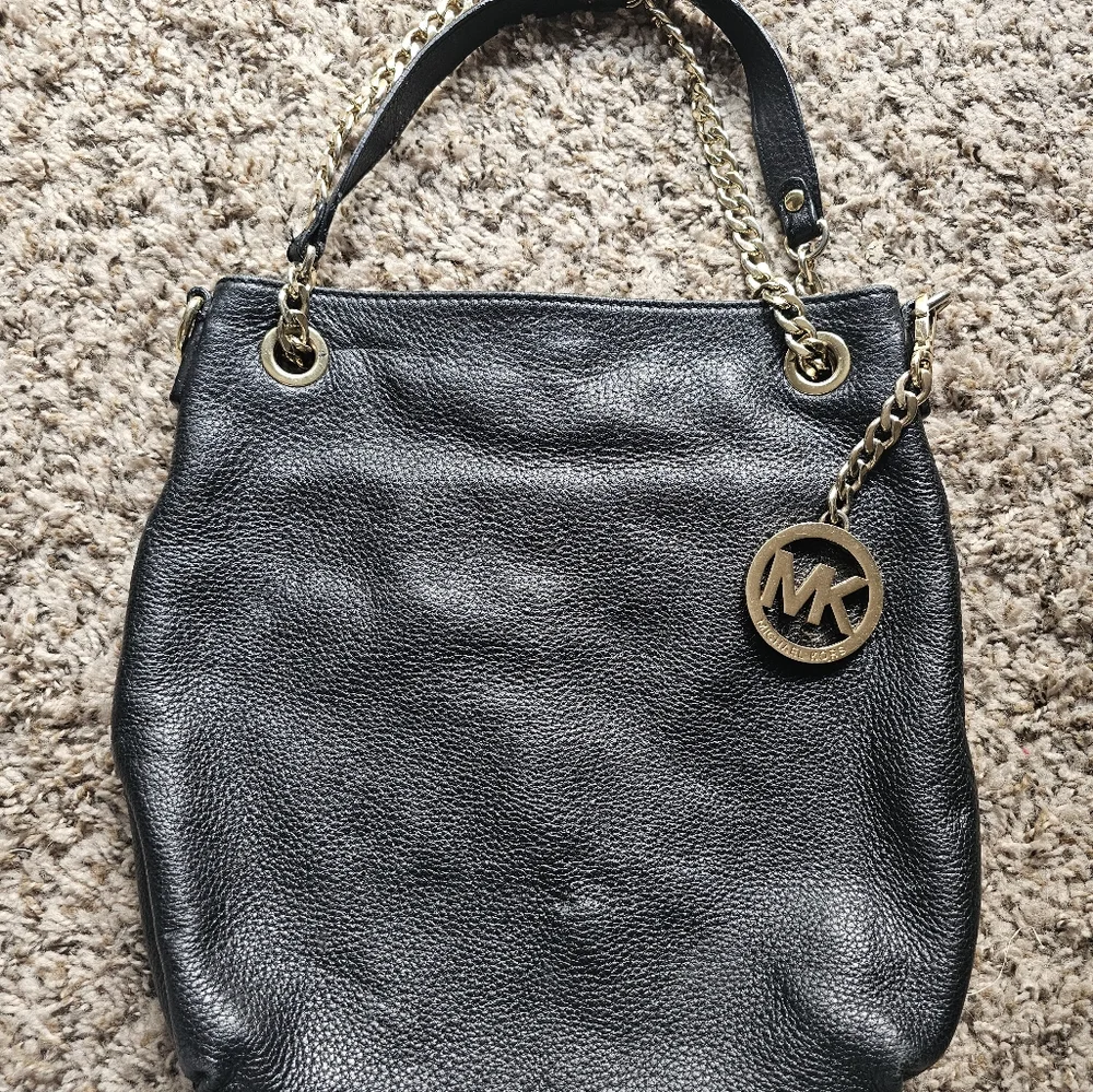 Michael Kors Black Grain Leather Golden Charm Shoulder Bag‎